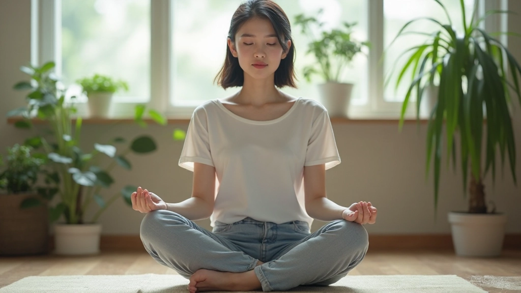 Person meditating in peaceful study environment with plants and natural light creating calm atmosphere