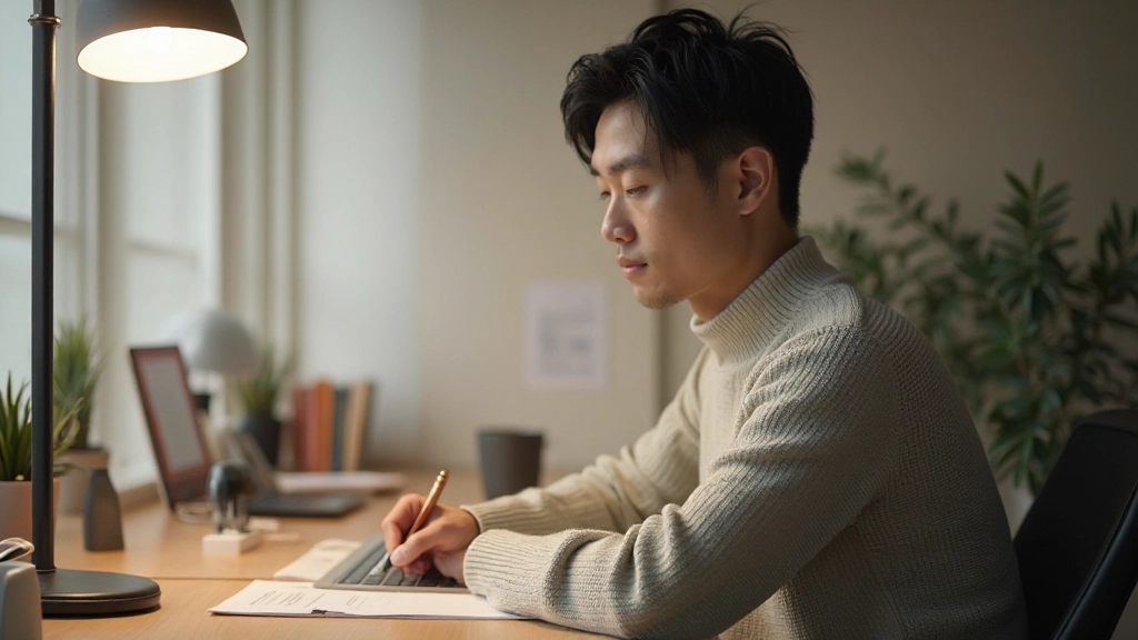 Well-organized desk workspace with proper ergonomic setup, task lighting, and cleared surface area