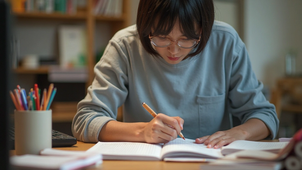 Study environment showing color-coded notes, organized materials, and efficient desk layout