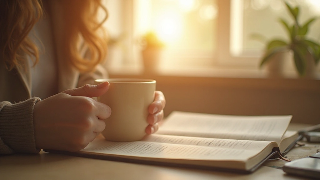 Serene morning workspace with journal, tea, and natural light streaming through window, ready for intention-setting